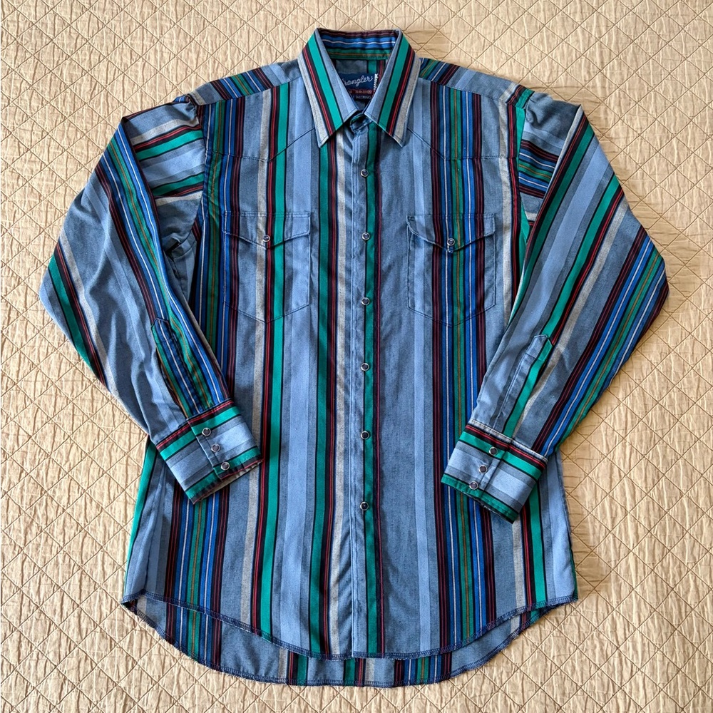 Vintage Wrangler Green and Blue Striped Western Shirt